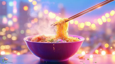 A vibrant bowl of noodles is showcased, steam rising enticingly under colorful bokeh lights, creating a warm, inviting atmosphere perfect for food lovers.の素材