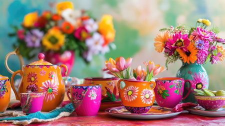 This image showcases an array of colorful tableware featuring a vibrant teapot and cups, adorned with floral designs, set against a cheerful backdrop.の素材