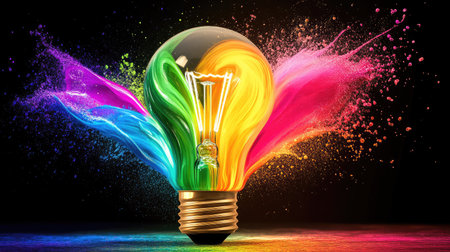This vibrant image features a light bulb surrounded by vivid splashes of paint, creating a stunning rainbow effect against a dark backdrop. Perfect for themes of creativity and inspiration.の素材