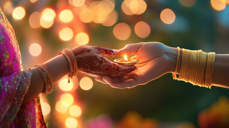 A beautiful traditional scene of hands exchanging a lit oil lamp amid a vibrant festival atmosphere, symbolizing light, love, and connection during celebrations.の素材