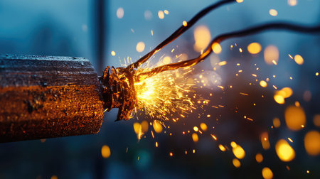 This captivating close-up image features sparking electrical wire with glowing sparks against a blurred background, creating a dramatic and engaging atmosphere.の素材