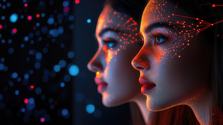 An artistic representation of a woman's profile enhanced with digital face art and glowing particles, evoking themes of technology and creativity in a captivating way.の素材