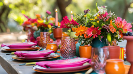 A beautifully arranged outdoor table features vibrant flowers and elegant dinnerware, creating a joyful atmosphere for any festive gathering or special event.の素材