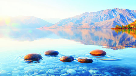 A serene lakeside scene featuring smooth stones gently resting in calm water, surrounded by majestic mountains reflecting the soft hues of sunrise.の素材