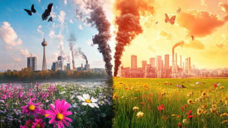 A striking split image captures the contrast between a vibrant, flower-filled landscape and a polluted industrial scene, showcasing nature's beauty against environmental degradation.の素材