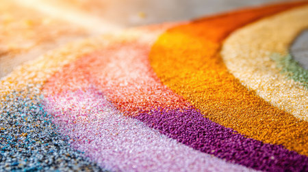 A stunning display of vibrant colored sand creates an abstract pattern, illuminated by soft light. This exquisite composition showcases creativity and texture, ideal for artistic projects or backgrounds.の素材