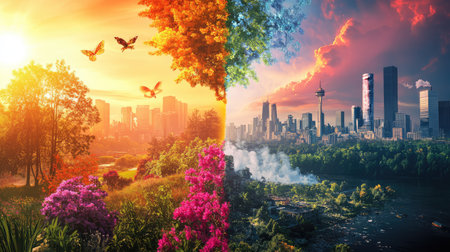 This stunning split view image captures the contrast between a vibrant natural landscape filled with flowers and butterflies and a modern city skyline at sunset.の素材