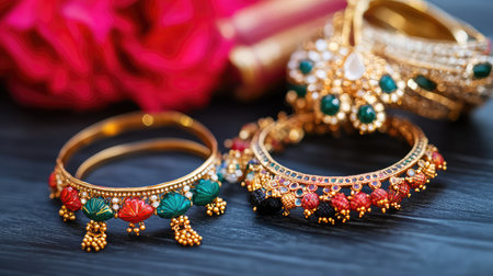 This stunning image showcases elegant gold bangles adorned with colorful gems. They are beautifully arranged alongside vibrant red roses on a wooden surface, capturing the essence of traditional artistry and modern design.の素材