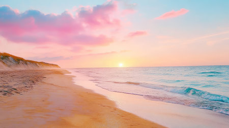 A breathtaking beach scene at sunset, showcasing soft waves lapping against the shore, colorful clouds reflecting on the tranquil ocean, and a peaceful atmosphere perfect for relaxation.の素材