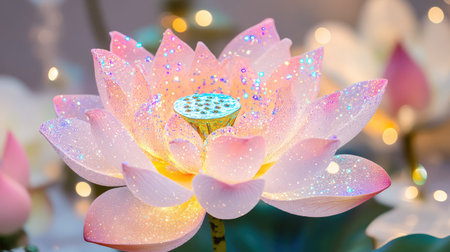 This enchanting image showcases a sparkling lotus flower with soft pink petals, radiating a magical glow amidst a tranquil garden setting, evoking peace.の素材