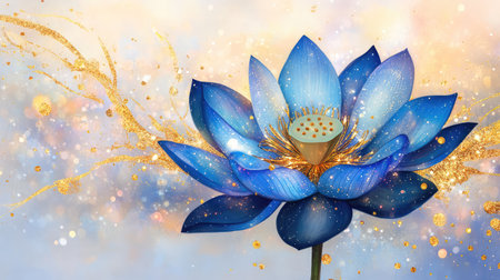 A stunning blue lotus flower stands majestically against a shimmering abstract background. Golden elements and soft colors enhance the beauty and serenity of this artistic piece, evoking a sense of tranquility and inspiration.の素材