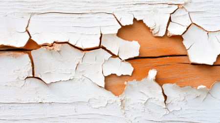 This image showcases a close-up view of cracked and peeling white paint on a wooden surface, revealing an orange layer underneath. The textured detail highlights decay and rustic beauty.の素材