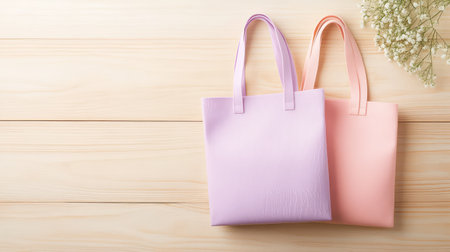 Two stylish tote bags in pastel lavender and blush pink are placed on a light wooden surface alongside delicate flowers, perfect for eco-friendly shopping.の素材