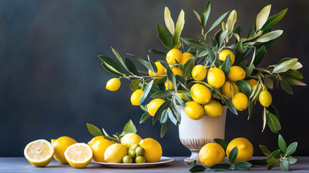 This stunning still life features a vibrant arrangement of fresh lemons and green leaves in a chic vase, embodying the essence of summer and freshness.の素材