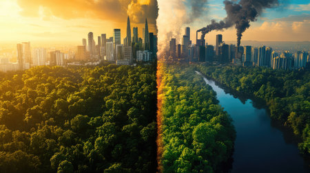 This image captures a striking contrast between a thriving urban skyline and a polluted landscape, emphasizing the urgent need for environmental awareness and sustainable growth.の素材