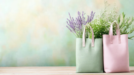 Two eco-friendly bags filled with fresh herbs and lavender sit elegantly against a soft pastel background, creating a serene and vibrant atmosphere.の素材