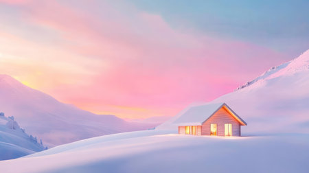 This captivating image features a cozy cabin nestled in a snowy landscape, illuminated by soft warm light. The pastel sky at dusk creates a tranquil atmosphere, perfect for evoking feelings of peace and relaxation amidst nature's beauty.の素材
