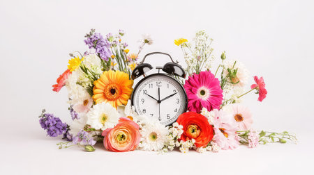 A charming vintage alarm clock is nestled among an array of colorful fresh flowers, creating a vibrant and cheerful ambiance that celebrates springtime.の素材