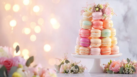 This stunning image features a beautifully arranged tower of colorful macarons adorned with delicate flowers, perfect for celebrations and elegant gatherings.の素材