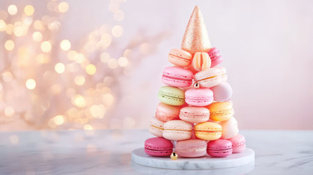 This captivating image features a vibrant tower of macarons topped with a sparkling cone, set against a soft bokeh background, creating a delightful atmosphere perfect for celebrations.の素材