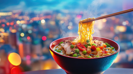 A steaming bowl of noodles adorned with fresh vegetables and tender chicken captures the essence of comfort food against a stunning urban night scene.の素材
