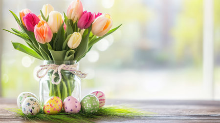 A stunning spring floral arrangement featuring vibrant tulips in a jar, complemented by beautifully decorated eggs and soft grass, perfect for Easter celebrations.の素材