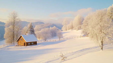 Discover a tranquil winter scene featuring a cozy cabin surrounded by fluffy snow and frosted trees, set against a clear blue sky at dawn.の素材