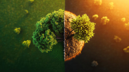 This stunning aerial image features a split landscape showcasing vibrant green trees on one side and dry, barren terrain on the other under a warm sunset.の素材