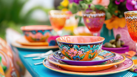 Discover a stunning outdoor table setting featuring vibrant dishware and floral decorations, perfect for summer gatherings and festive celebrations.の素材