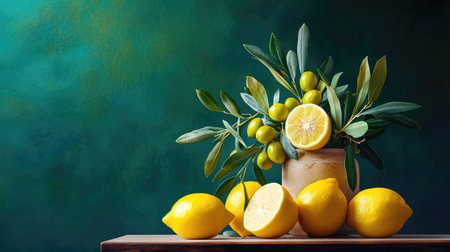 A stunning arrangement of fresh lemons and green olives in a decorative vase, set against a vibrant background. Ideal for culinary and lifestyle themes.の素材