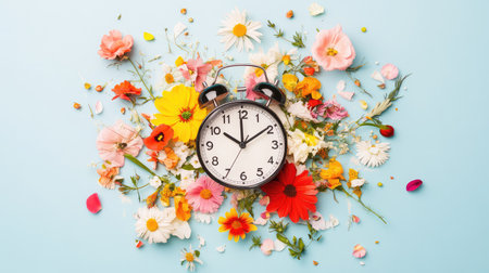 A beautiful arrangement combining a vintage alarm clock with a colorful array of fresh flowers on a soft blue background, symbolizing time, renewal, and joy.の素材