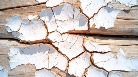 This close-up captures the intricate patterns of cracked white paint on a wooden surface, showcasing the natural texture and unique details of decay.の素材