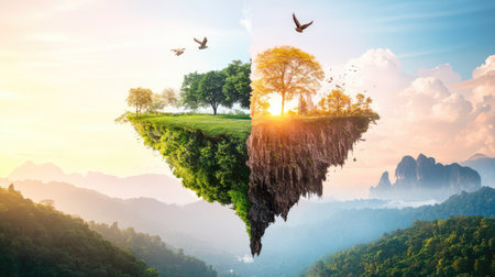 This mesmerizing image showcases a surreal landscape with a floating island, featuring vibrant trees and a dreamy sky, capturing the essence of harmony in nature.の素材
