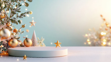 A beautiful holiday arrangement featuring gold ornaments and stars, gently illuminated by soft sparkling lights on a calm, inviting background.の素材