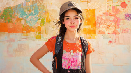 A young girl poses confidently in a stylish outfit and cap, surrounded by an artistic, colorful background, radiating joy and individuality.の素材