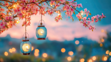This serene evening scene features vibrant cherry blossoms and delicate hanging lanterns, creating a peaceful atmosphere under a soft twilight glow.の素材