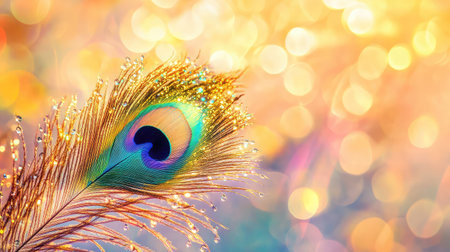 This stunning image features a vibrant peacock feather with iridescent colors against a softly blurred bokeh background. The glittering light adds a magical touch, making it ideal for nature and beauty themes.の素材