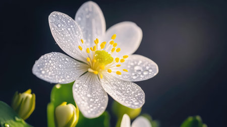 This close-up image captures the beauty of a delicate white flower adorned with dew drops, showcasing its intricate details against a dark backdrop, evoking a sense of tranquility and freshness in nature.の素材