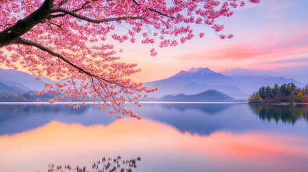 Experience a tranquil lakeside view featuring blossoming cherry trees. The soft pink hues of dawn create a peaceful atmosphere against distant mountains.の素材