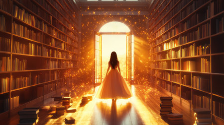 A captivating image of a young woman in a flowing white dress, illuminated by warm sunlight, standing in a grand library filled with books, evoking a sense of wonder.の素材