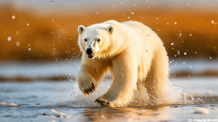 A stunning polar bear is captured in motion splashing through water at the arctic coastline, bathed in warm golden light, embodying the wild beauty.の素材