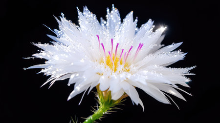 This captivating close-up image showcases a stunning white flower adorned with glistening water droplets, set against a stark black background.の素材