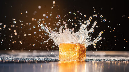 An ice cube makes a dramatic splash in water, creating a stunning visual effect with droplets and reflections. Ideal for themes of refreshment, summer, and beverages.の素材