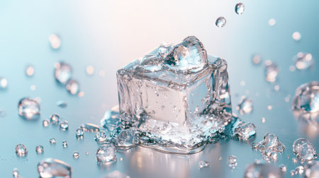 A captivating image of a crystal clear ice cube surrounded by glistening water droplets on a smooth surface illuminated by soft blue light.の素材
