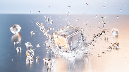 A stunning image capturing an ice cube splashing into water, creating dynamic droplets and reflections on a metallic surface, showcasing purity and freshness.の素材
