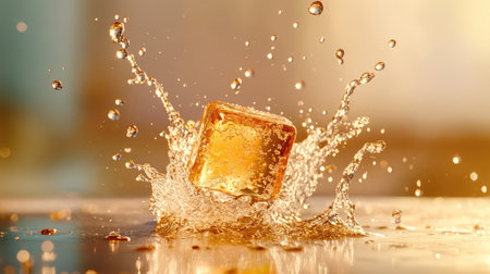 A stunning visual of an ice cube plunging into liquid, creating an invigorating splash. The soft lighting highlights the motion and texture, ideal for beverage themes.の素材