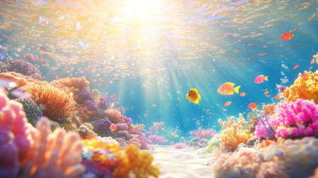 This stunning underwater image captures a vibrant scene with colorful coral reefs, various tropical fish, and radiant sunlight streaming through the water.の素材