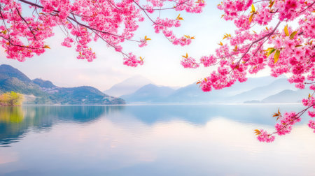 Experience a breathtaking view of delicate cherry blossom trees framing a tranquil lake, reflecting serene mountains under a soft sunrise in spring.の素材