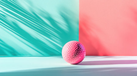 A vibrant golf ball rests on a pastel-colored surface, enhanced by playful shadows and geometric shapes, evoking a modern artistic atmosphere.の素材