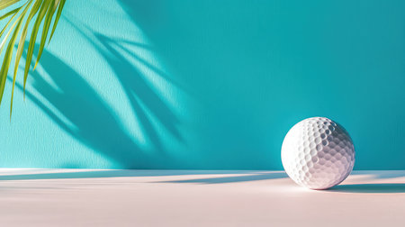 A vibrant golf ball rests on a table against a bright turquoise background, casting playful shadows from a nearby palm, creating a refreshing atmosphere.の素材
